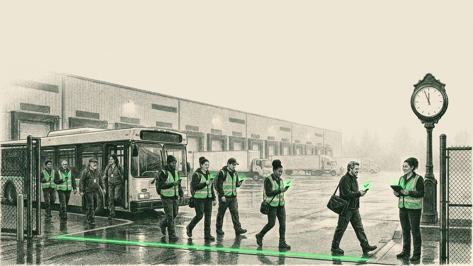 Shift workers stepping off a shuttle bus at a distribution center gate at dawn, right on time, phones glowing green